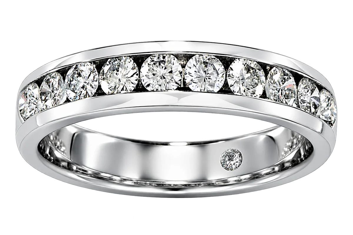 A white gold eternity ring with a tiny coded diamond set flush inside the band, shown in its original proportions