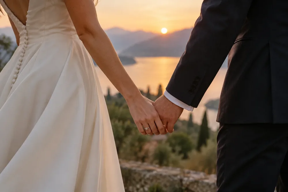 A couple holding hands on their wedding day